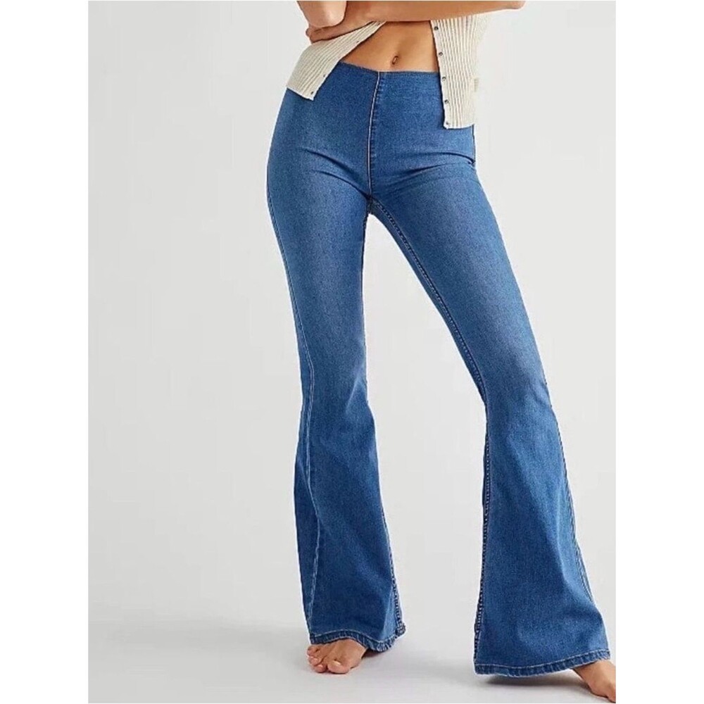 Free People Blue High-Rise Flare 30 Jeans Penny Pull On Stretch Boho Hippie